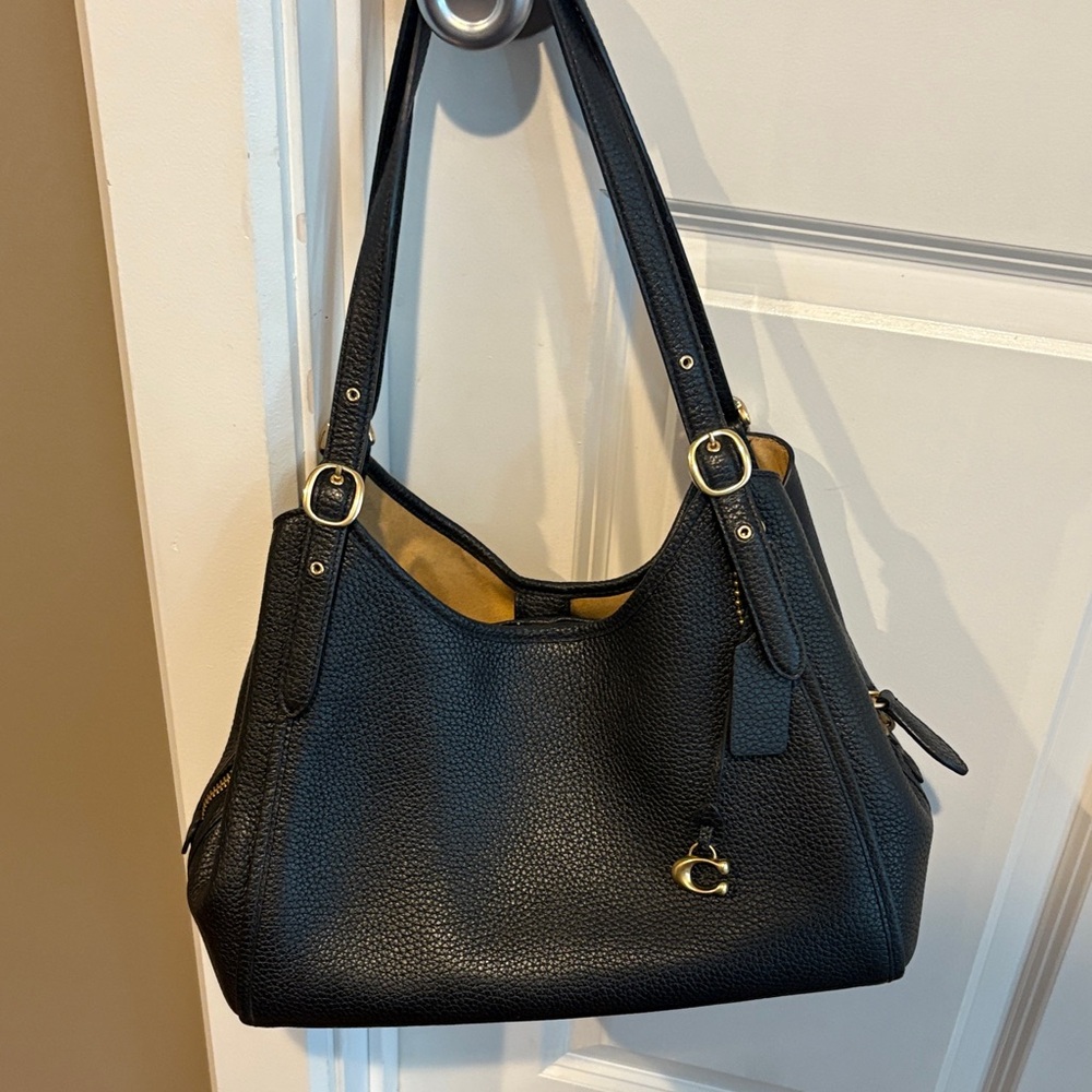Coach Black Leather Shoulder Bag with Gold Accents
